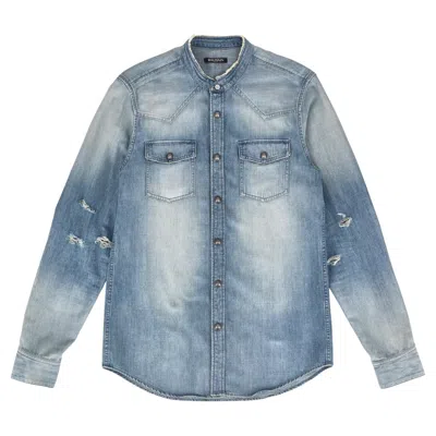 Pre-owned Balmain Distressed Faded Denim Shirt With Embroidered Logo Back In Gray