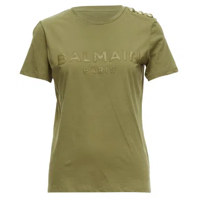 Balmain Distressed Logo Military Buttons Tshirt In Green