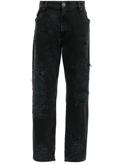 Balmain Distressed Mid-rise Straight-leg Jeans In Black