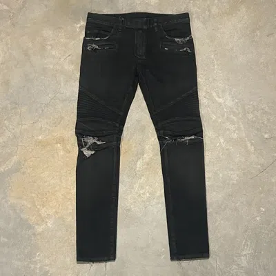 Pre-owned Balmain Distressed Moto Biker Denim Jeans Black