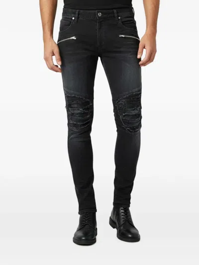Pre-owned Balmain Distressed Ribbed Jeans In Black