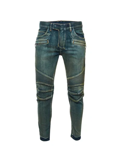 Pre-owned Balmain Distressed Ribbed Jeans In Blue