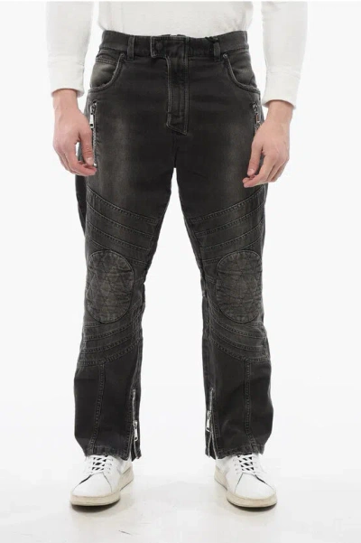 Balmain Distressed Straight Denims With Zipped Detail In Black