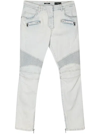 Balmain Distressed Tapered Jeans In Blue
