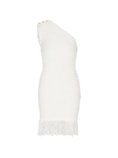 Balmain Dotted Tweed One-shoulder Mini Dress In Neutral