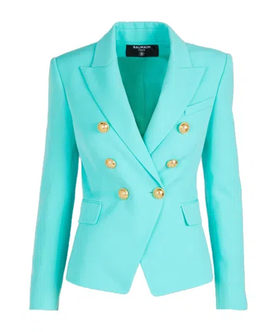 Balmain Double-breasted Grain De Poudre Wool Blazer In Aqua Green