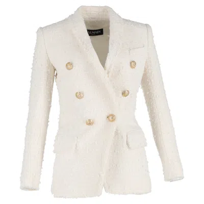 Balmain Double Breasted Blazer In Ivory Tweed