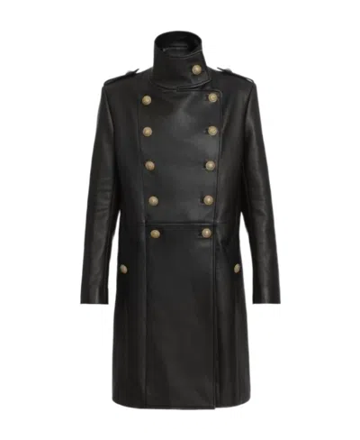 Balmain Black Double-breasted Leather Coat In 0pa Noir