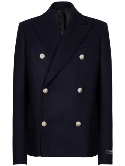 Balmain Double-breasted Coat With Logo Buttons In Marine