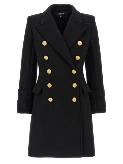 Balmain Double-breasted Coat With Logo Buttons In Black