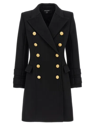 Balmain Double-breasted Coat With Logo Buttons Coats, Trench Coats In Black