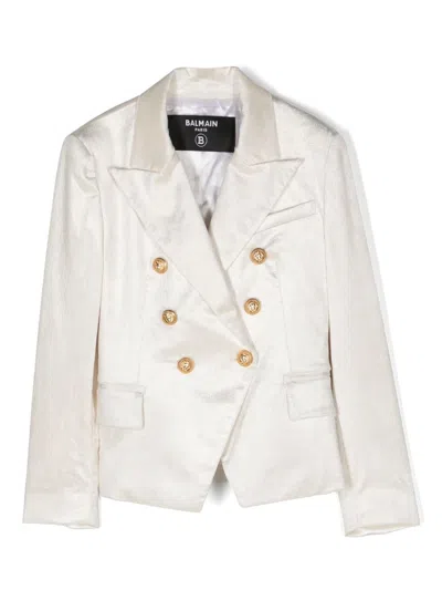 Balmain Kids' Double-breasted Corduroy Blazer In White