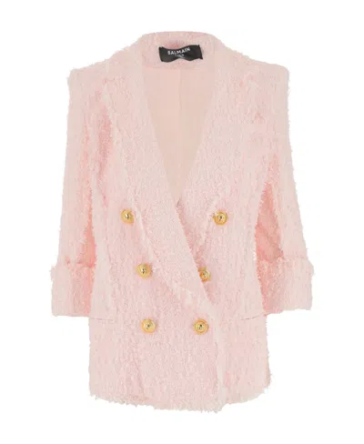 Balmain Double-breasted Cropped Sleeve Blazer In Pink