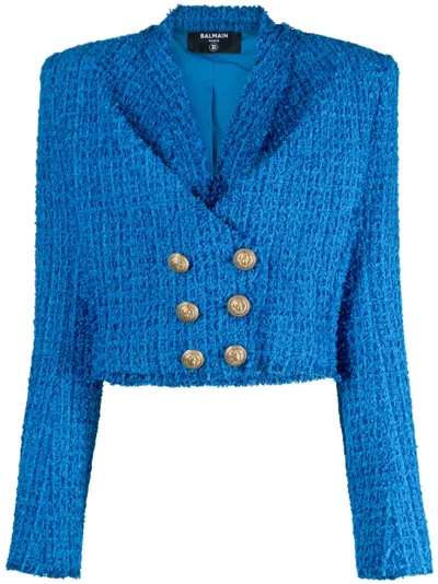 Balmain Collarless Tweed Double-breasted Crop Jacket In Blue