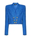 Balmain Collarless Tweed Double-breasted Crop Jacket In Blue