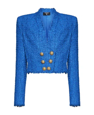 Balmain Collarless Tweed Double-breasted Crop Jacket In Blue