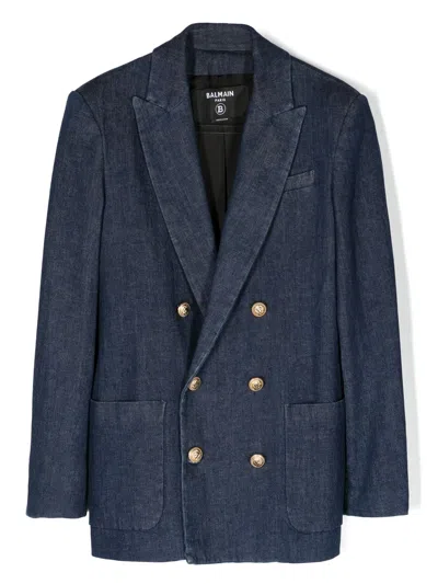 Balmain Kids' Double-breasted Denim Blazer In Blue