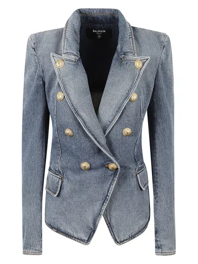 Balmain Double-breasted Denim Blazer In Blue