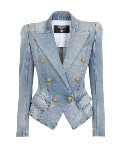 Balmain Tailored Jacket With Peak Lapels And Frayed Edges In Blau