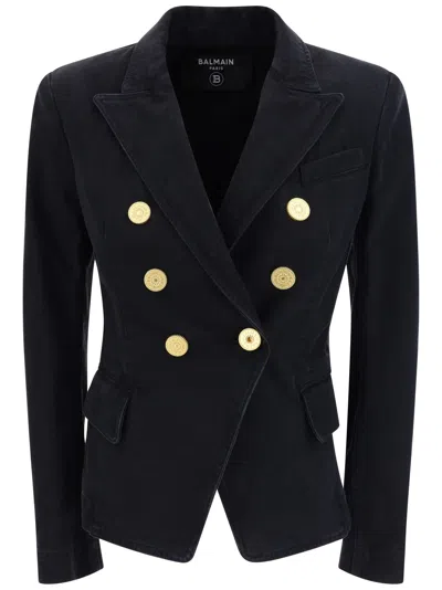 Balmain Double-breasted Denim Blazer In Noir Delave