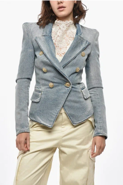 Balmain Double-breasted Denim Blazer With Logoed Buttons In Gray