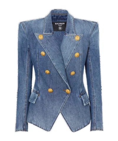 Balmain Long-sleeved Denim Coat In Blue