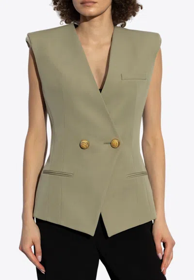 Balmain Double-breasted Grain De Poudre Waistcoat In Green