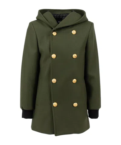Balmain Double-breasted Hooded Jacket In Green