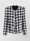 Balmain 'spencer' Black And White Jacket With All-over Check Motif And Fringed Hem In Black