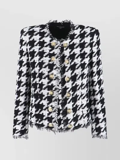 BALMAIN DOUBLE-BREASTED HOUNDSTOOTH JACKET FRAYED EDGES