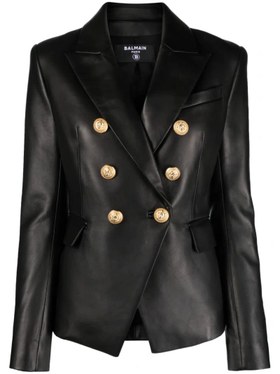 Balmain Double-breasted Leather Blazer Jackets Black