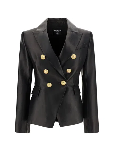 Balmain Double-breasted Leather Blazer In Black