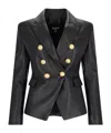 Balmain Black Double-breasted Jacket With Gold-colored Branded Buttons In Soft Leather Woman In Black
