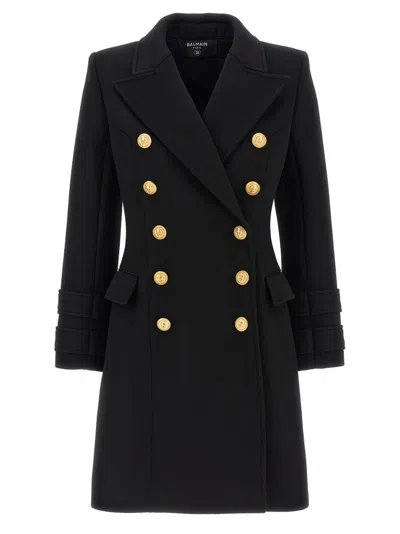 Balmain Double Breasted Logo Button Coat In Black