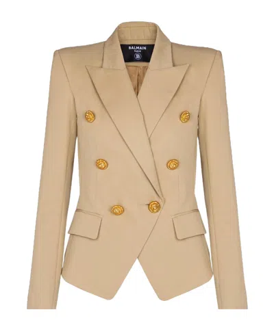 Balmain 6-button Double-breasted Gabardine Jacket In Brown