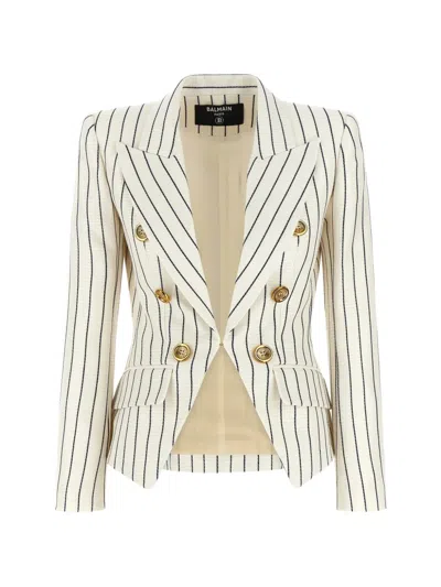 Balmain Double-breasted Striped Blazer In Gray