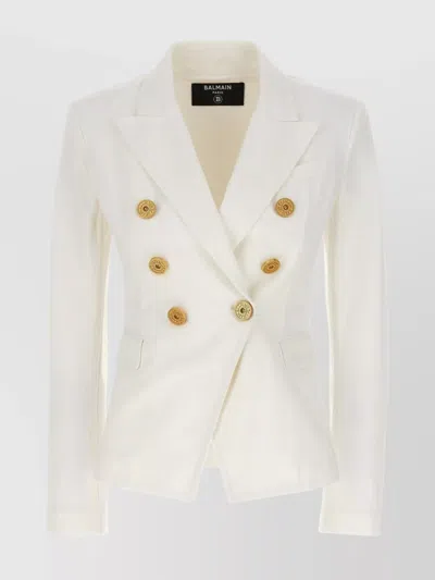 Balmain Double-breasted Structured Denim Blazer With Peak Lapel In White