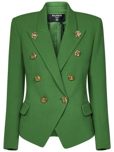 Balmain Double-breasted Tailored Jacket In Green