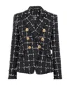 Balmain Grid Tweed Double-breasted Blazer In Black
