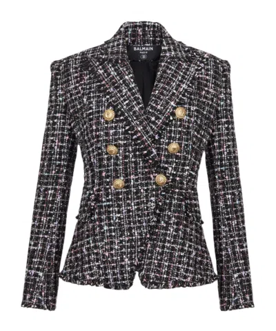 Balmain Tweed Jacket Structured Cinched Waist In Noir/multico