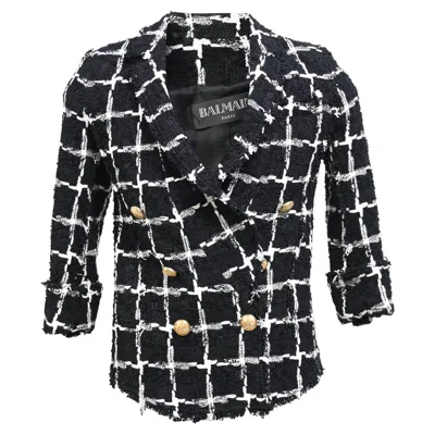 Balmain Double-breasted Tweed Blazer In Black Cotton