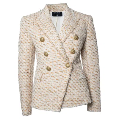Pre-owned Balmain , Double Breasted Tweed Blazer In Sand