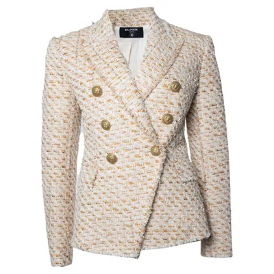 Pre-owned Balmain , Double Breasted Tweed Blazer In Sand