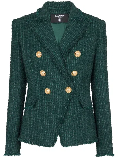Balmain Tweed Double-breasted Blazer Jacket In Green