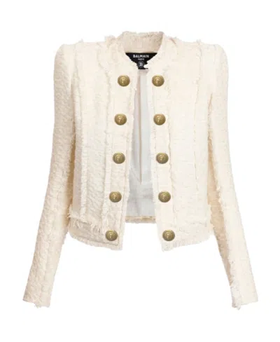 Balmain Double-breasted Tweed Jacket In White