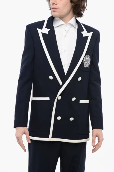 Balmain Double-breasted Twill Wool Blazer With Contrasting Edges In Blue