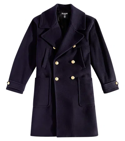 Balmain Kids' Double-breasted Wool And Cashmere Coat In Blue