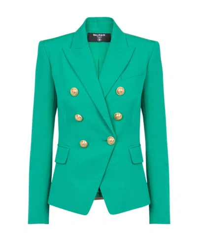 Balmain Double-breasted Wool Blazer In Green