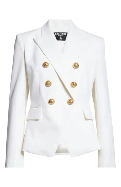 Balmain Double Breasted Wool Grain De Poudre Blazer In White