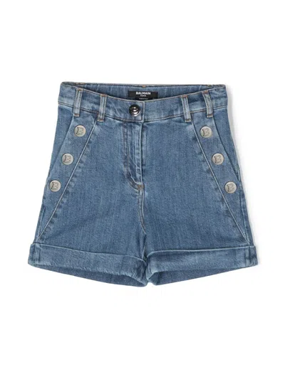 Balmain Kids' Double-buttoned Denim Shorts In 蓝色